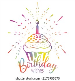 Birthday greeting card with cupcake isolated on a white background. Cupcake with candle wishing a happy birthday in bright colorful rainbow colors.