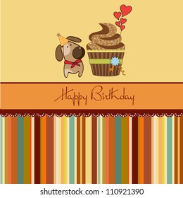 birthday greeting card with cupcake and little dog