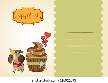 birthday greeting card with cupcake and little dog