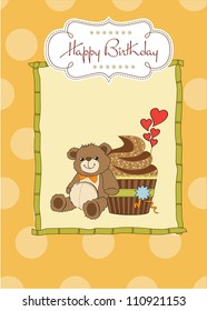 birthday greeting card with cupcake and teddy bear