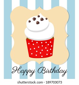 birthday greeting card, cupcake with vanilla butter cream icing on striped blue background