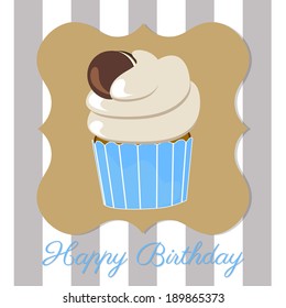 birthday greeting card, cupcake with white chocolate butter cream icing and chocolate cookie on striped grey background