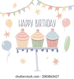 Birthday greeting card with cupcakes and balloons in pastel colors