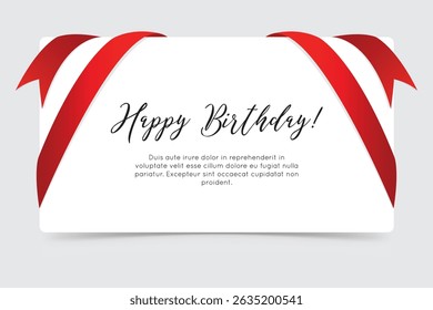 Birthday greeting card with curved red ribbon decoration and elegant message layout.