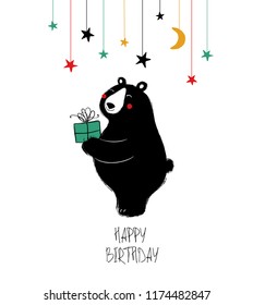 Birthday greeting card with cute black laughing bear holding a gift.