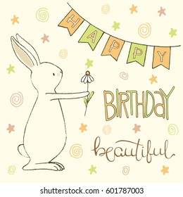 Birthday greeting card with cute bunny. Vector illustration