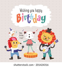 Birthday greeting card with cute cartoon animals 