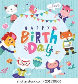 Birthday greeting card with cute cartoon animals