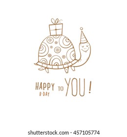 Birthday greeting card with cute cartoon turtle in party hat. Box with a gift. Funny animal. Children's illustration. Vector contour image no fill.