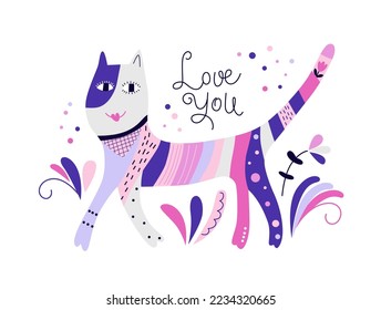 Birthday greeting card with cute cat and hand drawn lettering Love you. Colorful vector illustration in abstract flat style. Single isolated decor element. EPS clip art design.