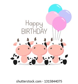 Birthday Greeting card Cute Cows with balloons