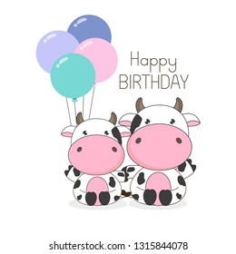 Birthday Greeting card Cute Cows with balloons