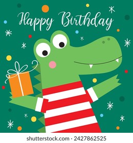 birthday greeting card with cute crocodile design in green color background