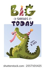 Birthday greeting card with cute crocodile. Handwritten lettering. Vector illustration for card, postcard, poster.