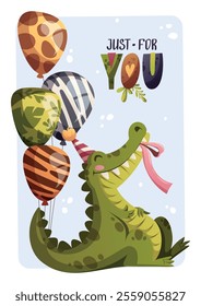 Birthday greeting card with cute crocodile and jungle style balloons. Handwritten lettering. Vector illustration for card, postcard, poster.