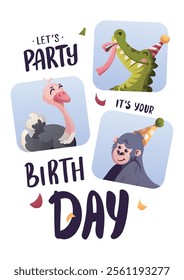 Birthday greeting card with cute crocodile, ostrich, gorilla. Handwritten lettering. Vector illustration for card, postcard, poster.