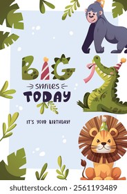 Birthday greeting card with cute crocodile, lion, gorilla. Handwritten lettering. Vector illustration for card, postcard, poster.