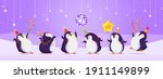 Birthday greeting card with cute dancing penguins. Purple background with stars, disco ball, snowflakes and mountains. Funny birds in different birthday caps. Vector cartoon illustration.