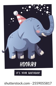 Birthday greeting card with cute elephant and party hat. Handwritten lettering. Vector illustration for card, postcard, poster.