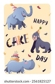 Birthday greeting card with cute elephant, gorilla, hippopotamus, cake. Handwritten lettering. Vector illustration for card, postcard, poster.