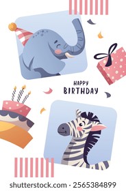 Birthday greeting card with cute elephant, zebra, cake. Handwritten lettering. Vector illustration for card, postcard, poster.