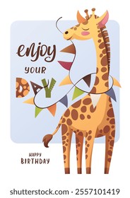 Birthday greeting card with cute giraffe. Handwritten lettering. Vector illustration for card, postcard, poster.