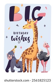 Birthday greeting card with cute giraffe, ostrich, gorilla. Handwritten lettering. Vector illustration for card, postcard, poster.