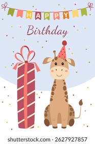 Birthday greeting card with cute giraffe, gift and confetti. Vector illustration for greeting card, poster, holiday decoration.