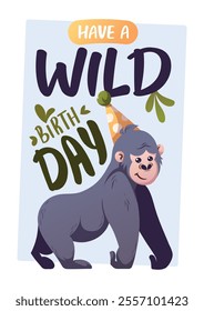 Birthday greeting card with cute gorilla in a party hat. Handwritten lettering. Vector illustration for card, postcard, poster.