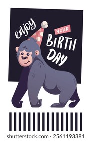 Birthday greeting card with cute gorilla in a party hat. Handwritten lettering. Vector illustration for card, postcard, poster.