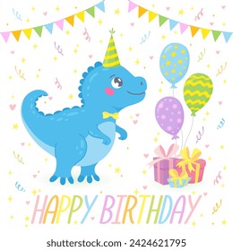 Birthday greeting card with cute hand drawn dinosaur in festive cone, gifts, balloons, confetti. Funny smiling dino character in cartoon style. Good for baby posters, greeting cards, invitations