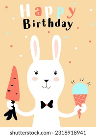 Birthday greeting card with a cute hare. Vector illustration for postcard, invitation, poster, print.