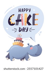 Birthday greeting card with cute hippopotamus and cake. Handwritten lettering. Vector illustration for card, postcard, poster.