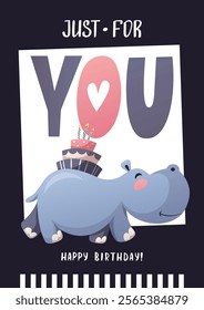 Birthday greeting card with cute hippopotamus and cake. Handwritten lettering. Vector illustration for card, postcard, poster.