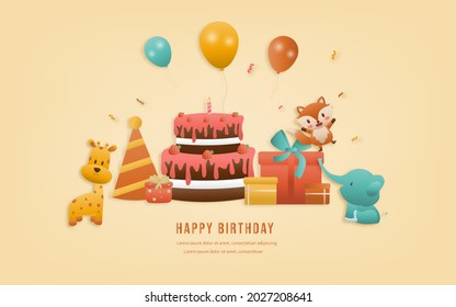 Birthday greeting card Cute jungle animal on train sky background. celebrate children's birthdays and template invitation paper and papercraft style vector illustration. Theme happy birthday.	
