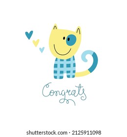 Birthday greeting card with a cute kitten. Vector illustration in cartoon style. Isolated decor element for kids design. Vector EPS clip art.