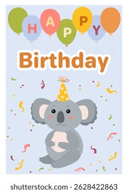 Birthday greeting card with cute koala and balloons. Vector illustration for birthday card, poster, birthday decoration.