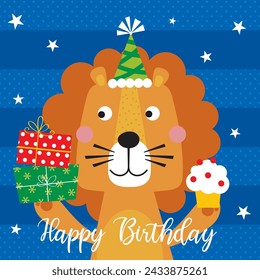 Tarjeta de felicitación de cumpleaños con diseño lindo del león