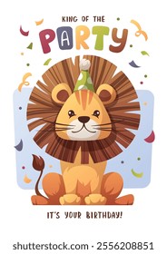 Birthday greeting card with cute lion in party hat. Vector illustration for card, postcard, poster.