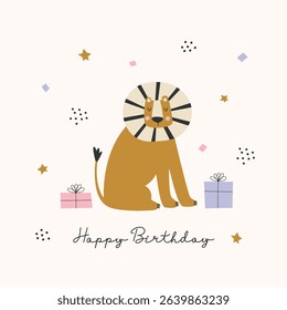 Birthday greeting card with cute lion, colorful confetti, presents and greeting typography.