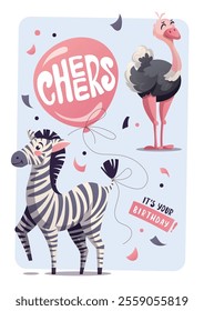 Birthday greeting card with cute ostrich, zebra and balloon. Handwritten lettering. Vector illustration for card, postcard, poster.