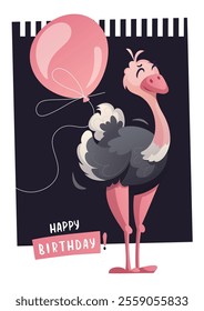 Birthday greeting card with cute ostrich and balloon. Handwritten lettering. Vector illustration for card, postcard, poster.