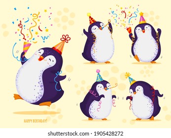 Birthday greeting card with cute penguins. Funny dancing birds in different hats, various poses. Happy birthday. Vector cartoon illustration. All elements are isolated.