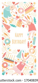 Birthday greeting card with cute rabbits, sweets and decorations on a white background. Illustration in a flat style.