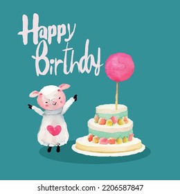 Birthday greeting card with cute sheep and cake.