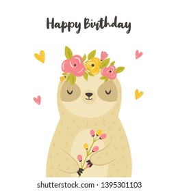 Birthday greeting card with cute sloth with floral wreath.
