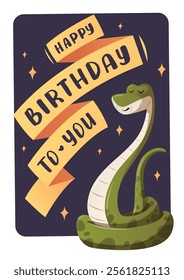 Birthday greeting card with cute snake. Handwritten lettering. Vector illustration for card, postcard, poster.