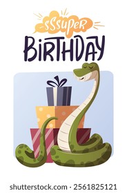 Birthday greeting card with cute snake and gift boxes. Handwritten lettering. Vector illustration for card, postcard, poster.