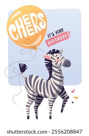 Birthday greeting card with cute zebra and balloon. Handwritten lettering. Vector illustration for card, postcard, poster.