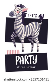 Birthday greeting card with cute zebra and balloon. Handwritten lettering. Vector illustration for card, postcard, poster.